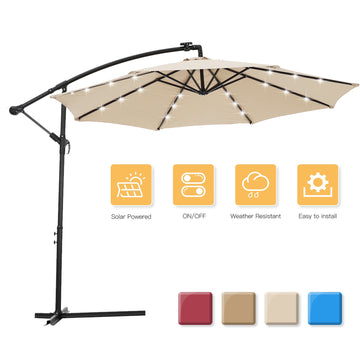 10 FT Solar LED Patio Outdoor Umbrella Hanging Cantilever Umbrella Offset Umbrella Easy Open Adustment with 24 LED Lights - tan
