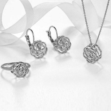Rose Is A Rose Set Of Ring,Earrings and Pendant With Chain In 18kt Rose Crystals In White Yellow And Rose Gold Plating