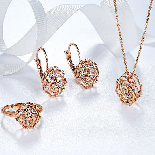 Rose Is A Rose Set Of Ring,Earrings and Pendant With Chain In 18kt Rose Crystals In White Yellow And Rose Gold Plating